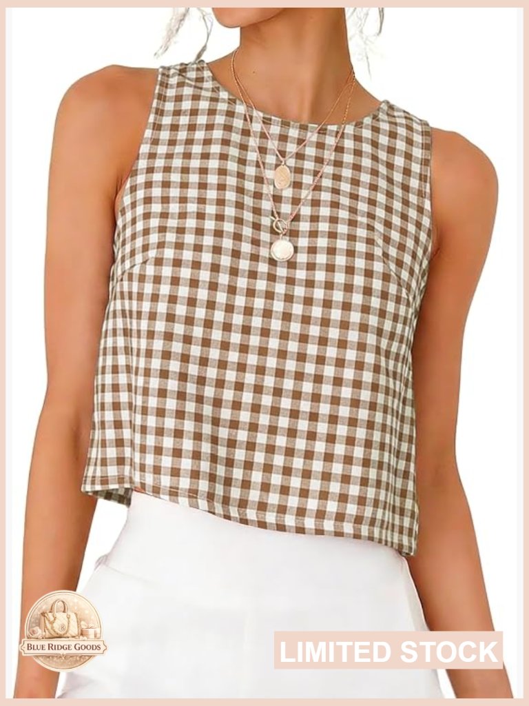 Gingham Crop Tank Top Sleeveless Summer Vest High Neck Cute Plaid Blouse Y2k